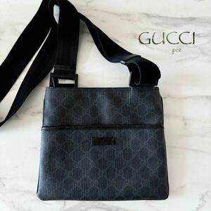 極美品 GUCCI グッチ GGスプリーム レザーショルダーバッグ＊メンズ レディース 本革 牛革 肩掛け 斜め掛け ブラック 黒 ポシェット 