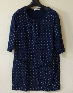 chocol raffine robe ショコラ フィネ ローブ カットソー 五分袖 チュニック丈 ドット柄 紺 fjsmnn n0204★