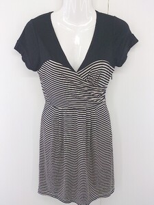 ◇ BCBGMAXAZRIA ボーダー 半袖 ミニ ワンピース サイズ2 アイボリー ブラック系 レディース