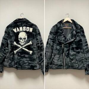 美品☆[VANSON] 22AW 定価32,780 クロスボーンスカル フェイクファー レザー切替 ダブルライダースジャケット XL 迷彩 牛革 バンソン