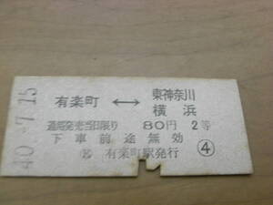 東海道本線　有楽町-東神奈川 横浜　80円2等　昭和40年7月15日　有楽町駅発行　国鉄