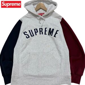 即完売モデル！極美品 supreme シュプリーム アーチロゴ マルチカラー スウェットパーカー フーディ 肉厚 カラーブロック M グレー メンズ