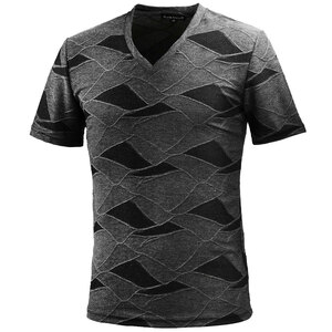 181303-gy BLACK VARIA 幾何学 パッチワーク柄 ジャガード立体 半袖VネックTシャツ メンズ(グレー灰ブラック黒) 3L モードカジュアル