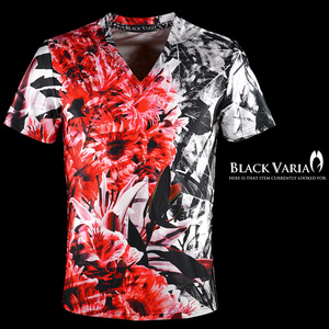 9#bv08-re BLACK VARIA ボタニカル 葉柄 花柄 プレミアム Vネック 半袖Tシャツ メンズ(レッド赤) L 日本製 吸水速乾＆2wayストレッチ