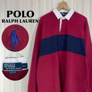 【入手困難】【XXL表記】POLO ポロバイラルフローレン 刺繍ポニー 長袖ラガーシャツ ワインレッド ネイビー 太ライン 90s アメカジ 古着