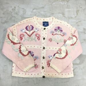 ★希少★ 80-90s Vintage コットン系 ニット カーディガン レディース サイズS ハンドメイド ビンテージ ヴィンテージ ピンク 花柄 K-1836