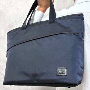 A4/美品◎ポーター PORTER メンズ ビジネス トートバッグ VIEW(L) ショルダー ナイロン ネイビーブルー 肩掛け 大容量 通勤 通学 PC収納