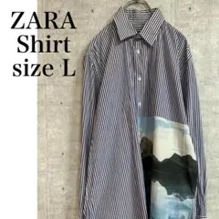 ZARA MEN ストライプ柄　シャツ　長袖 ブルー　サイズL ￼プリント入り