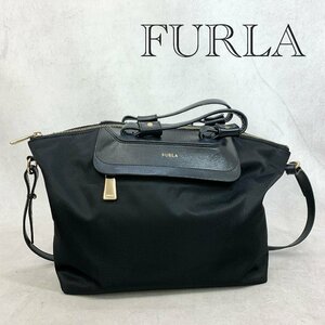 FURLA フルラ 2Way ショルダーバッグ ボストン ハンド バッグ ナイロン レザー ブラック 黒 レディース 中型 ビジネス 通勤 鞄