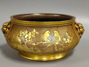 明代 工部官臣呉邦佐造 古銅彫 塗金花鳥紋獅耳香炉【仁】古銅器 置物擺件 古賞物 中国古美術 蔵出