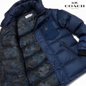 未使用級/L相当●COACH コーチ 現行モデル 極暖 2way ダウンジャケット ダウンコート ブルゾン 裏地カモフラ Cロゴレザー ブルー系 メンズ