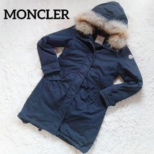 1円～ 美品 MONCLER モンクレール ダウンコート EVANTHIA エヴァンシア フードファー ロング ネイビー 2 M相当 レディース 激レア 正規品