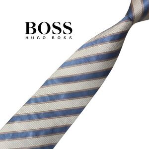 ★ストライプ柄★HUGO BOSS★高級ネクタイ クリーム/スカイブルー系 レジメンタル柄 ヒューゴボス イタリア シルク USED プレス済み