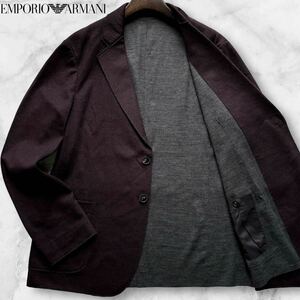 極美品/XL相当◎エンポリオ アルマーニ ニット テーラードジャケット EMPORIO ARMANI アンコン ストレッチ 薄手 カジュアル ボルドー 秋冬