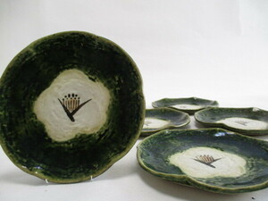和陶器　織部　手描き椿　銘々皿 14.5ｃｍ　5枚　小皿　和皿　プレート