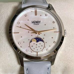 ★稼動品★HENRY LONDON★MOONPHASE★ホワイトシェル文字盤★石付★QZ★スカイブルー★ヘンリーロンドン★レディース腕時計★箱付属★