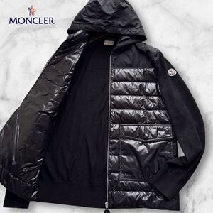  極美品/希少XL◎現行 モンクレール MONCLER ハイブリッド ダウンジャケット 袖ニット切替 ジップ パーカー ロゴワッペン 極暖 ブラック 黒