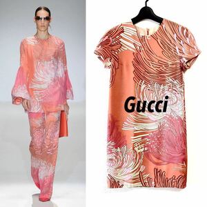 2013.SS■美品■Gucci/グッチ 半袖ワンピース/ドレス シルク１００％ 花柄・フローラル・ボタニカル/極上 インナー付ランウェイ掲載 36/S