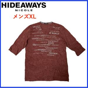 N3534★シワ加工★希少★HIDEAWAYS NICOL*ハイダウェイニコル*トップス*Tシャツ*コットン混*七分袖*Vネック*ワインレッド*メンズXS