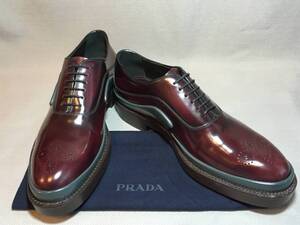 新品 本物 プラダ 15-16AW レザー メダリオン シューズ 9 PRADA 革靴 コレクション ボルドー ブラウン 茶 グレー コーティング ラバー