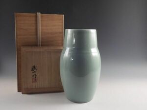 ◇堂◇加藤 溪山 造 砧青瓷 青磁 花入 29cm 共箱 無傷完品 19w272