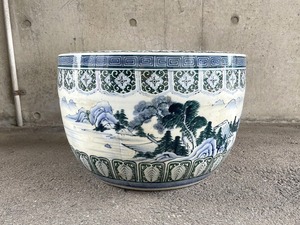 時代物！陶器製 山水画 大型 火鉢 幅約46cm 高さ約31cm 火箸 灰ならし付 山水楼閣風景紋 手あぶり火鉢 古民具 炭道具 骨董 昭和レトロ 