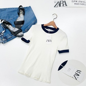 【M】ZARA ホワイト×ネイビー 半袖リブTシャツレディース タグ カジュアル トップス 通勤 フェミニン 大人可愛い白ガーリー デイリー ザラ