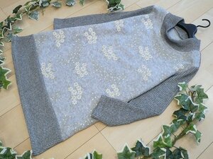 新品 8604 ML ニット チュニック ワンピース 秋 冬 刺繍 レディース グレー系 長袖 ハイネック リブ編み エレガント 上品 上質