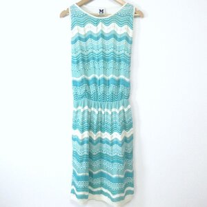 美品 MISSONI ミッソーニ 総柄 バックシアー ノースリーブ ひざ丈 サマーニット ワンピース 40 グリーン×ホワイト