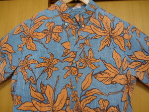 ハワイ　reyn spooner　レインスプーナー　アロハシャツ　水色　花・葉っぱ柄　M～L　Ｌ55　TAILORED FIT　