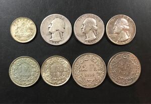 外国銀貨　オーストラリア銀貨1960 アメリカ銀貨1935年 1950年 1963年　スイス銀貨 1953年 1960年 1964年 1973年　計8枚まとめ　　　27-34