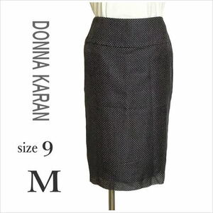 〈DONNA KARAN NEW YORK〉黒アイボリー系シルクタイトスカート 膝丈 後スリット ダナキャランニューヨーク 9 ☆送料込み