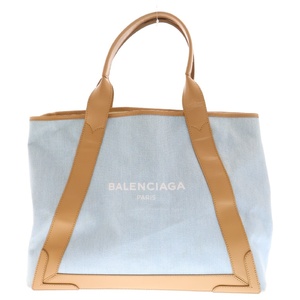 BALENCIAGA バレンシアガ CABAS デニム カバ ミディアム フロントロゴプリント ポーチ付ハンドバッグ ライトブルー/ベージュ