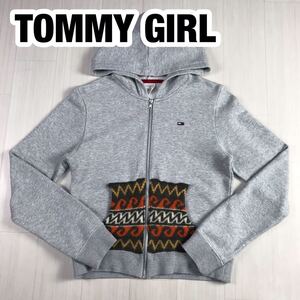 TOMMY GIRL トミーガール ジップアップパーカー ライトグレー 霜降り S 柄ニットポケット 刺繍ロゴ フラッグロゴ