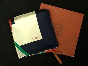 1円 ■極美品■ LOEWE ロエベ シルク100% 大判 スカーフ ストール ショール レディース ネイビー系×マルチカラー FF7524