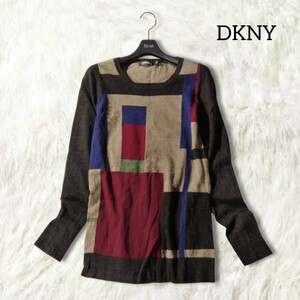 39 【DKNY】 ダナキャランニューヨーク マルチカラー ニット セーター S ベージュ ワインレッド ウール 毛 100％ 丸首 薄手 長袖 秋冬