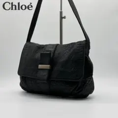 【美品】 CHLOE ショルダー レザー シボ革 プレート リボン ブラック