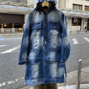 USA正規品 【S】 IRO-OCHI デニム Trench トレンチ コート モッズ ミディアム丈 クラッシュ ブリーチ ペイント ペイント加工 フード付