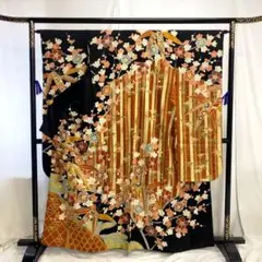 【S1049】着物 振袖 正絹 袷 黒×茶 竹 梅 金駒刺繡 単品販売