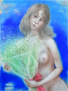 裸婦を描く人気画家　古沢岩美　パステル画　「花を持つ裸婦」　額縁付き　【創業５3年・安心・信頼・実績・都内最大級の正光画廊です】