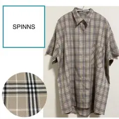 SPINNS 半袖 チェック柄シャツ ベージュ