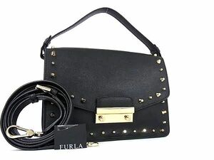 1円 ■美品■ FURLA フルラ ジュリア レザー スタッズ 2WAY ハンドバッグ ショルダー クロスボディ 斜め掛け ブラック系 BL2555