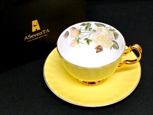 3Q売切！税無し☆カップ＆ソーサー★薔薇★ローズ★蝶★金彩★A Seven TA★hand painted bone china★イエロー★現状★現品限り★0723-7