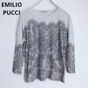 エミリオプッチ　EMILIO PUCCI　カットソー　トップス　七分丈　レース　イタリア製　ブルー　38サイズ　コットン混　シルク混