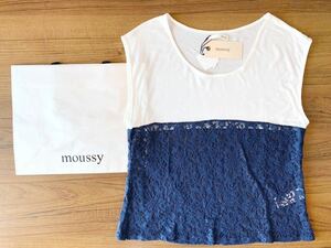 ★新品moussy マウジー★セクシー透け花刺繍レース★半袖カットソー バイカラー 白紺★ホワイト＆ネイビー★