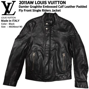 定価70万円 2011AW LOUIS VUITTON ルイヴィトン Italy製 最高級ダミエグラフィットエンボスカーフレザーパデッド比翼ライダース 46(M) 美品