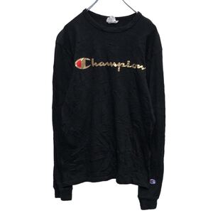 Champion 長袖 プリント Tシャツ S ブラック ゴールド チャンピオン ロゴ スポーツ ストリート ロンT 古着卸 アメリカ仕入 a503-7362