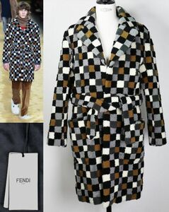 16AW 定価213万 FENDI フェンディ パッチワーク ムートン ベルト コート 48 multi color shearing coat b6264