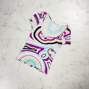 美品 EMILIO PUCCI エミリオプッチ 総柄 半袖カットソー ワイドネック トップス レディース マルチカラー サイズXS*TC15