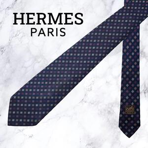 【極美品・送料無料】HERMES エルメス ネクタイ ダイヤ格子柄 フランス製 シルク